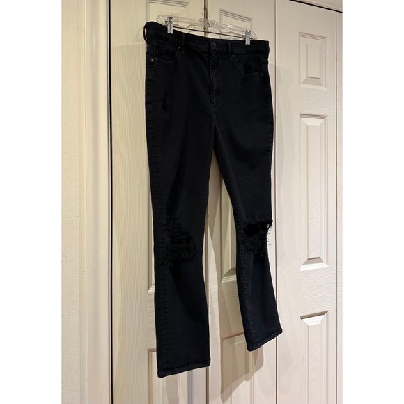 EXPRESS Black Super High Rise Slim Straight Ripped Knee Distressed Jeans 14 - Picture 6 of 12